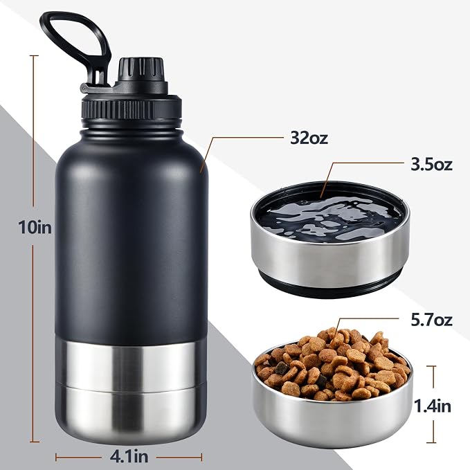 Cibaabo Insulated Dog Water Bottle 32oz Keep Water Cool with 2 Bowls