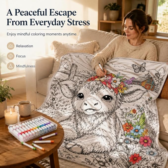 VEELU DIY Coloring Blankets with 24 Colors Markers for Adults | Custom Color In Your Own Blankets With 24 Colors Markers, Snuggle Color Sketch Washable Blankets Kit Home Decor