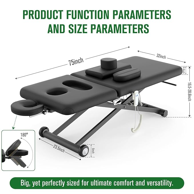 Electric Massage Table, Electric Lift Motor Height adjustable and Manual Backrest Adjustable Angle for Treatment, Medical Spa, Facial, Beauty, Massage Bed and More - 32 Wide x 75 Long - Black