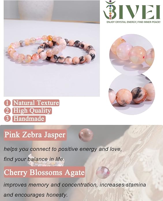 Bivei Natural Gemstone Semi Precious Healing Crystals Handmade Stretchy Round Beads Bracelet,Stocking Stuffers for Women Enhance Positive Energy