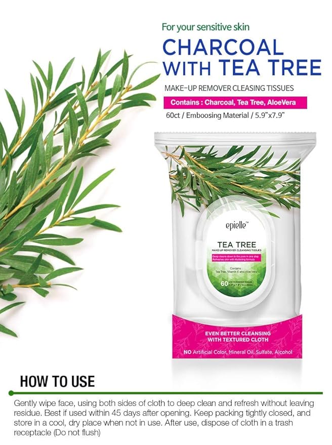 Epielle Tea Tree Makeup Remover Wipes, Gentle Daily Facial Cleanser Towelettes, Remove Dirt, Oil & Waterproof Mascara, Stocking Stuffers, 60 Count (Pack of 2)