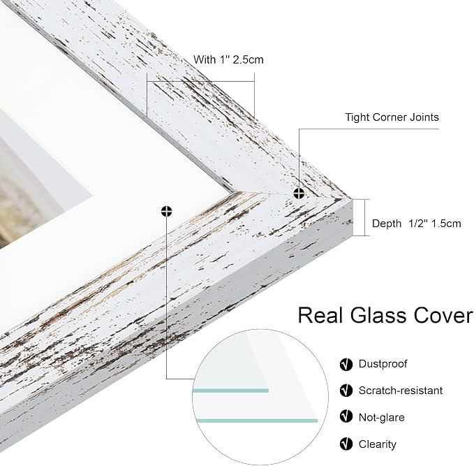 10x14 Picture Frame Set of 4, Made of Glass and Distressed White Wooden Frame, Display 8x12 Pictures with Mat or 30 x 40cm Diamond Painting Art without Mat for Wall Mounting, Gallery Photo Frames