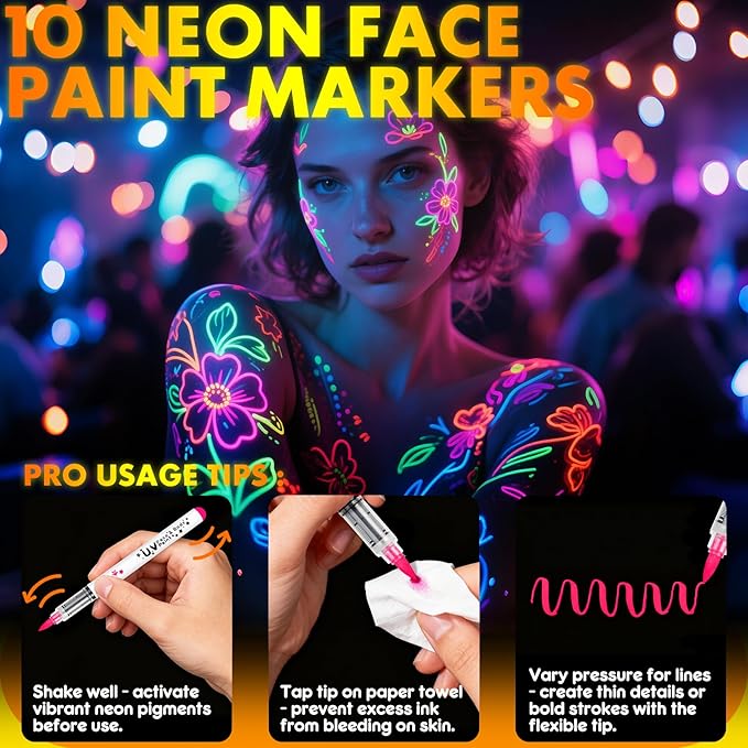 nsxsu Glow in The Dark Face Paint Markers 10 Color, Neon Body Paint Pens for Skin Fluorescent Under Black Light, Washable UV Temporary Tattoo for Birthday Glow Party Supplies Makeup Stocking Stuffers