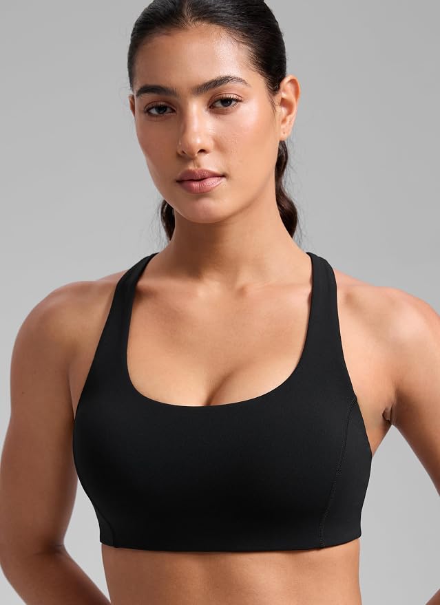 CRZ YOGA SculptAir Wide Straps Cross Back Sports Bras for Women - U Neck Medium Impact Wireless Padded Workout Top