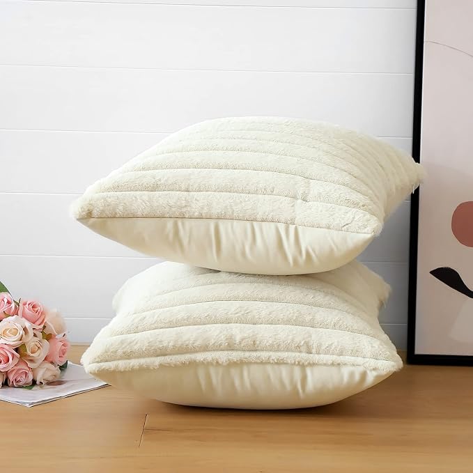 Soleebee Set of 2 Throw Pillow Covers Soft Cozy Velvet Pillowcase Faux Rabbit Fur Cover for Couch Sofa Bed Chair Home Decorative Pillows Cover (16x16 Inch, Ivory White)