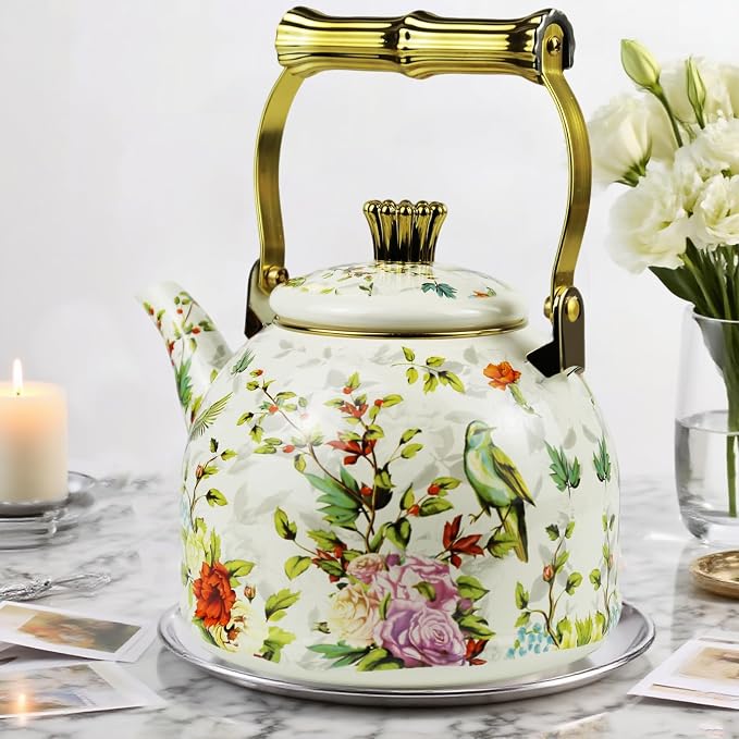 Vintage Enamel Tea Kettle Birds Floral Boho Stovetop Teapot with Gold Handle 2.5L Enamel Kettle Bohemian Kitchen Decor Ideal Gift for Housewarming Camping Coffee Pot