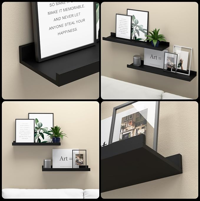 Boswillon Floating Shelves Set of 2, Small Wall Shelf with Lip, 16in, Black | Display Ledge Shelf for Room Wall, Wall Decor Shelves for Bathroom, Living Room, Bedroom, Kitchen, Nursery Room, Modern, Wood