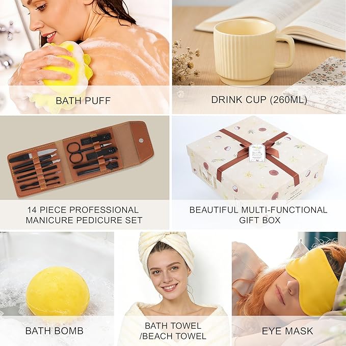 33 Pcs Coconut Vanilla Spa Gift Basket for Women & Men, Face Skin Care Set, XXL Bath & Body Set, Self Care Pamper Kit, Manicure Set, Birthday, Christmas, Valentines, Mother Day, Anniversary