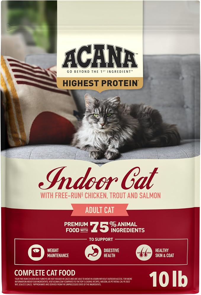 ACANA Highest Protein Dry Cat Food Indoor Cat Food Recipe 10lb Bag | Grain Free, High Protein, Made in the USA, Includes Probiotics, Omega-3 Fatty Acids, Skin & Coat, Digestive Health