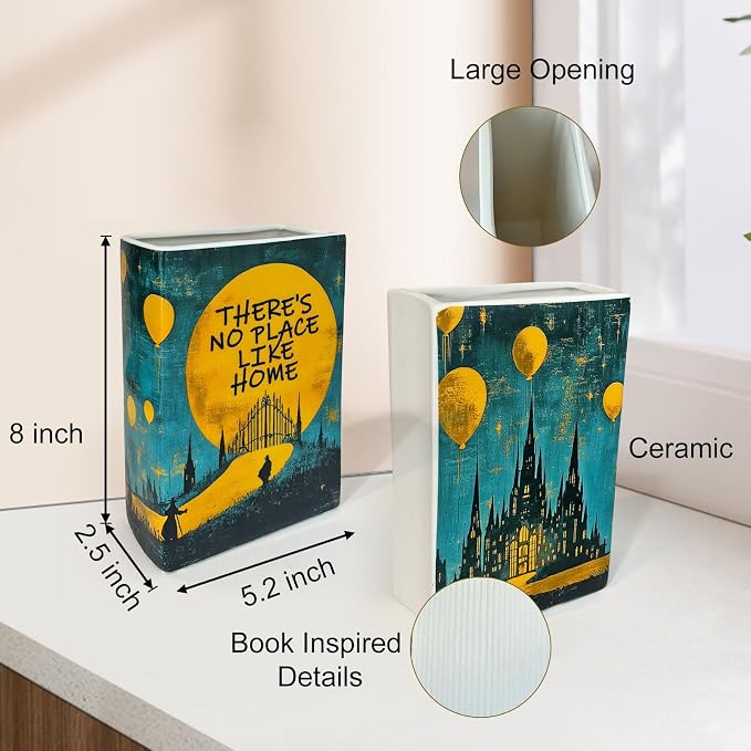 LIFFY Book Vase for Flowers, Ceramic Flower Vase Bookshelf Decor, Unique Book Shape Decration Vase Bookend Gift for Book Lovers(Teal Blue, Wizard of Oz)