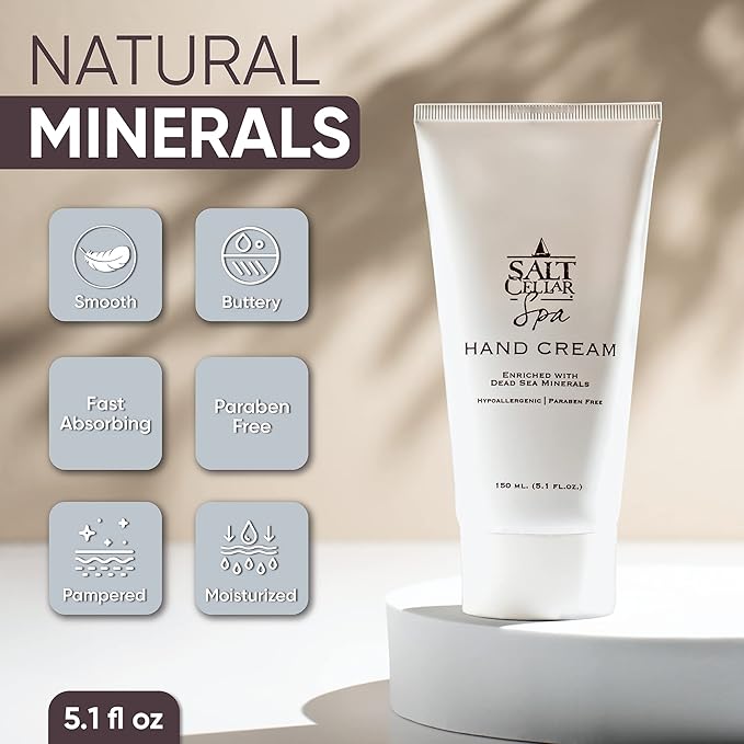 Salt Cellar Spa Dead Sea Mineral Hand Cream, Moisturizer Lotion for Dry, Cracked Skin Enriched with Glycerin, Olive Oil, Paraben Free, Fast Absorbing, 5.1 FL oz (150 ml)