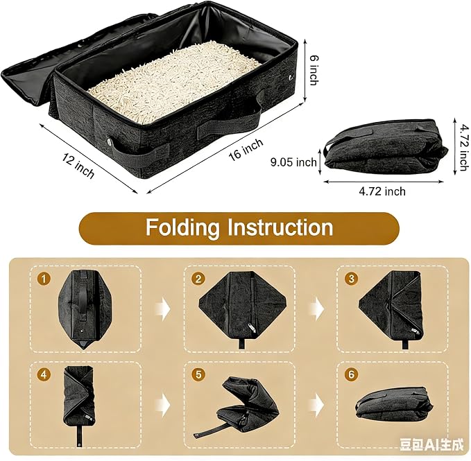 Portable Cat Litter Box with Lid, 16 * 12 * 6 inches, Black | Foldable, Ease of use, Non-Leaking, Easy to take, Lightweight, For Outdoor Camping & Traveling, Zipper Lock