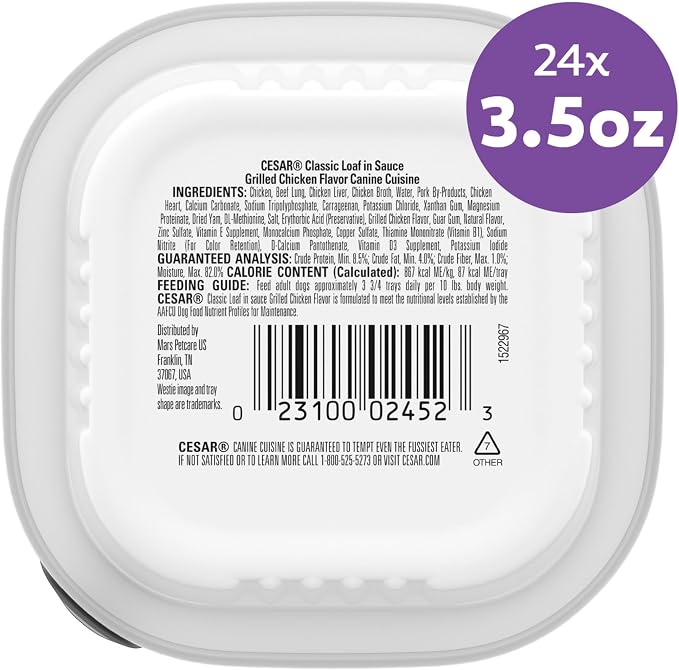 Cesar Classic Loaf in Sauce Wet Dog Food, Grilled Chicken, 3.5 oz, 24 Count | Made in USA, Real chicken #1 ingredient, slow-cooked tender texture, no fillers or artificial flavors, easy peel trays