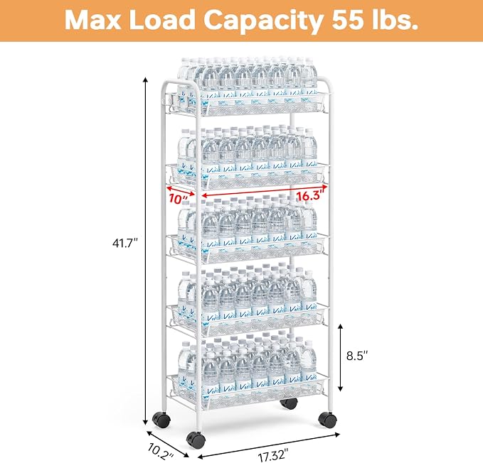 TOOLF 5 Tier Rolling Cart, Metal Utility Storage Cart with Wheels, White | 3 Hooks, Screwless Assembly, Trolley Organizer for Bathroom, Kitchen, Office, Nursery, Dorm, Laundry Room