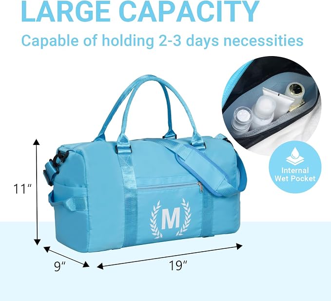 Gym Bag for Women, Personalized Duffle Bag with Shoe Compartment, Sports Bag for Yoga & Dance with Wet Pocket and Mat Strap(AquaBlue,P)