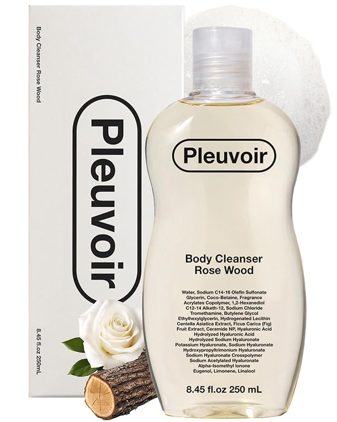 Pleuvoir Body Cleanser Rose Wood - Perfume Body Wash - Fresh Blooming Rose Smoky Woody Scent - Rich Moisturizing Foam with 8 Types Hyaluronic Acid Ceramides - Vegan K-Beauty, 8.45 fl.oz