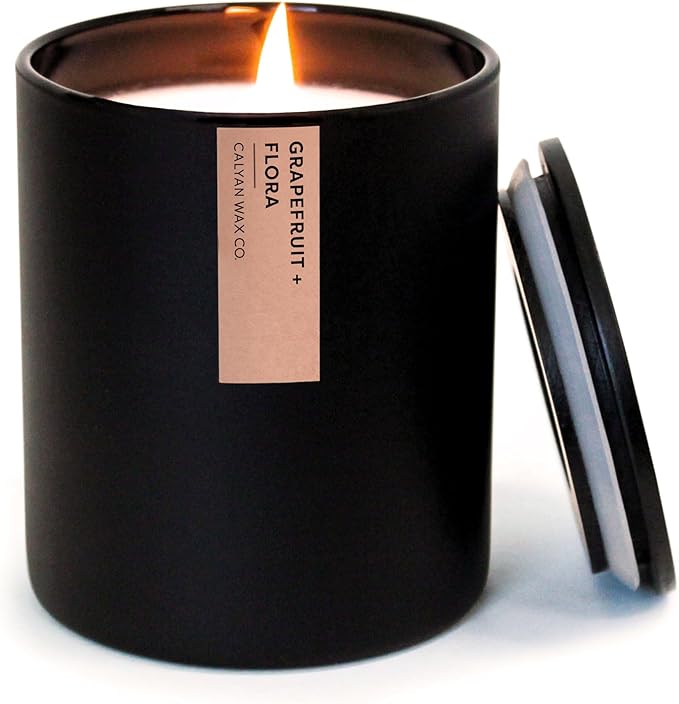 Calyan Wax Co. Grapefruit & Flora Scented Candle - 75 Hour Burn - Luxury Clean Soy Wax Candles - Long Lasting Black Tumbler Jar Candle for Home - 10.2oz