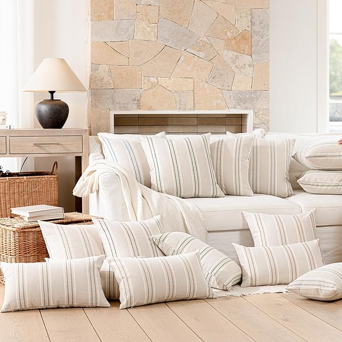 Hckot Tan Brown Throw Pillow Covers 16x16 Set of 2 Striped Pillow Covers | Farmhouse Decorative Pillows Textured Linen Square Cushion Covers for Sofa Couch Bed Living Room Decor(Tan)
