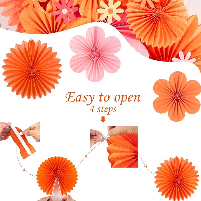 SUNBEAUTY Pink and Orange Party Decorations, Paper Flowers Decoration Fans | 9 Pcs Orange & Pink groovy paper fans, Paper flowers decorations for wall, Wall hanging decor, Office, Classroom, Baby shower