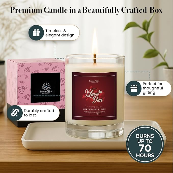 I Love You Surprise Candle with Diamond Inside | Foreverwick Candles | Scented Soy Candles Gifts for Women Anniversary Candle Wax | Romance Candles All-Natural Organic Soy Candle 14oz | 70h