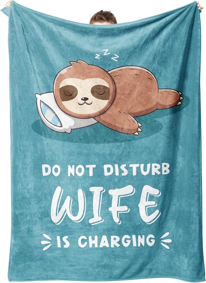 Leebbsin Funny Gifts for Wife, Anniversary Wedding Gifts for Wife | Wife is Charging Sloth Blanket 60" x 50", Cyan, Christmas Mothers Day Birthday Gift for Wifey from Husband