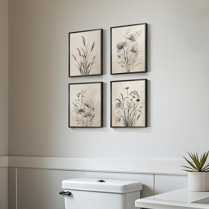 Framed Vintage Floral Botanical Wall Art for Bathroom, 4 Piece 8x10 In | Rustic modern farmhouse wall decor, Waterproof canvas prints, Neutral flower pictures, Kitchen bedroom hallway home decor