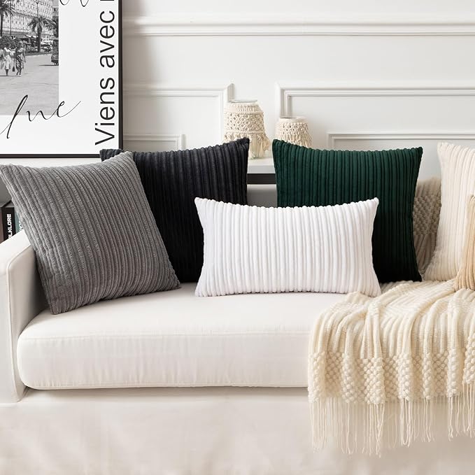 UGASA 14x24 Inch Pillow Cover Pack of 1 Soft Boho Stripe Corduroy Long Rectangular Lumbar Cushion Cover Farmhouse Decorative Throw Pillowcase for Bed, Couch, Sofa, Bedroom, Living Room, Pure White