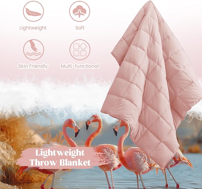 puredown® Soft Feather Down Throw Blanket Lightweight Packable Couch Throw for Indoor and Outdoor Use, Throw 50"X70", Pink