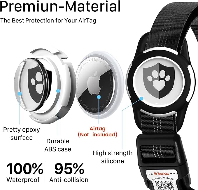 Waterproof AirTag Dog Collar with QR Code Dog Tag, Black XS | IP68 waterproof, QR code dog tag, Anti-Lost, Online profile, fits XS-L (8"-26"), Padded nylon, Reflective, No App, No Fees