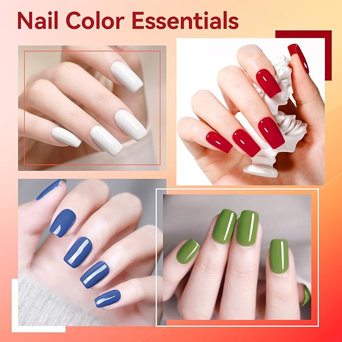 Classic Red Green Blue White Nail Polish Set with Clear Base & Top Coat, French Nail Polishes Non-Gel for All Seasons, Castor Oil, Quick Dry, Vegan,Hema-free, DIY Nails Art Gift for Women