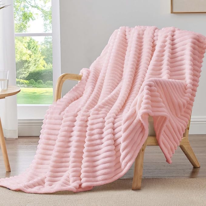 BEDELITE Throw Blanket for Couch - 300GSM Soft & Warm Fluffy Pink Blanket, Decorative and Giftable Striped Blankets for Women, Men, 50"x70" | Ultra-Soft Plush Fleece, Warm Yet Lightweight, Ribbed Texture, Home Decor, Machine Washable, Giftable, All-Sea...