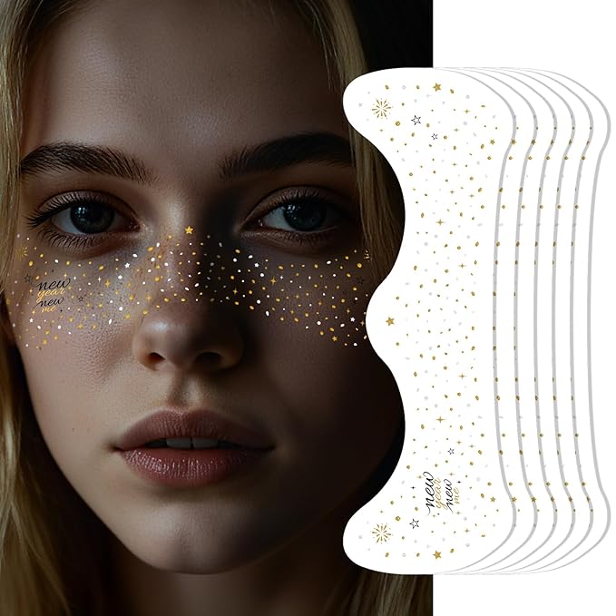 New Year New Me Face Tattoo - Glittering Freckles Stars & Fireworks in Metallic Gold & Silver | Waterproof Facial Gems for NYE Transformation, New Years Eve Party Supplies 2026 & Celebration