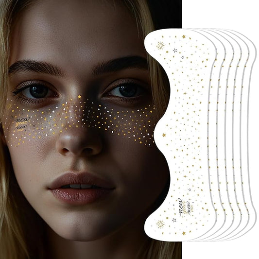 New Year New Me Face Tattoo - Glittering Freckles Stars & Fireworks in Metallic Gold & Silver | Waterproof Facial Gems for NYE Transformation, New Years Eve Party Supplies 2026 & Celebration