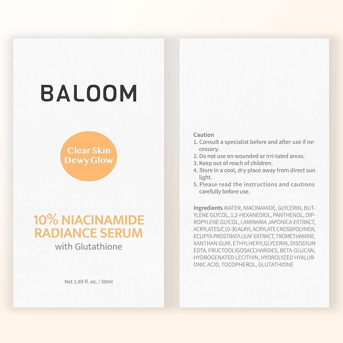 BALOOM 10% Niacinamide Serum with Glutathione, Dark Spot Remover For Face, Korean Skin Care for Uneven Tone, Discoloration & Pore Minimizing – Brightening Serum for Hydration & Glass Skin – 1.69 fl oz