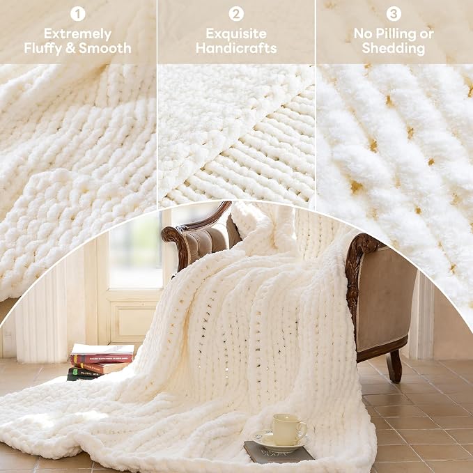 Chunky Knit Blanket - Luxury Soft Cozy 60 * 80 Throw Blanket,100% Woven Blanket Rope Knot Throw Blanket for Couch, Sofa, Home Decor, Gift - Machine Washable (Ivory White, 60 * 80)