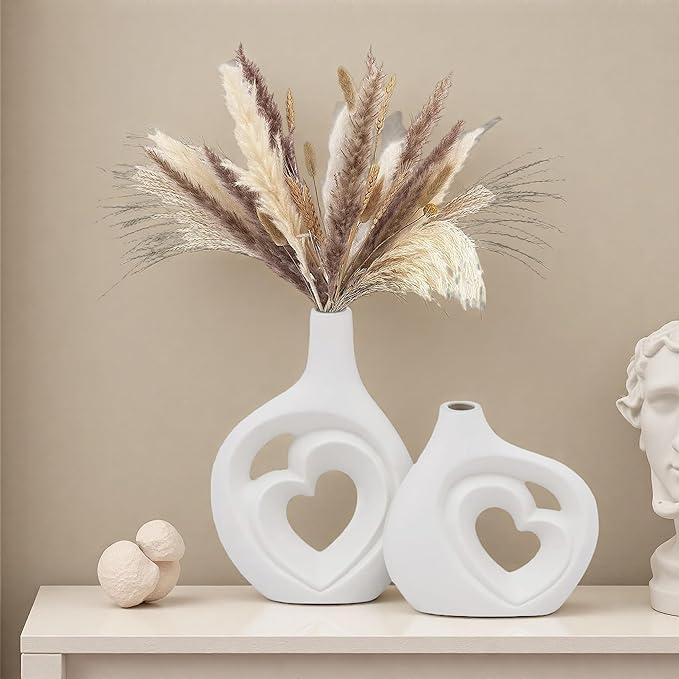 White Heart Shaped Hollow Ceramic Vase Set of 2 | Modern Nordic Boho Style, Table Centerpiece Decor, Matte Finish, H 8.5in