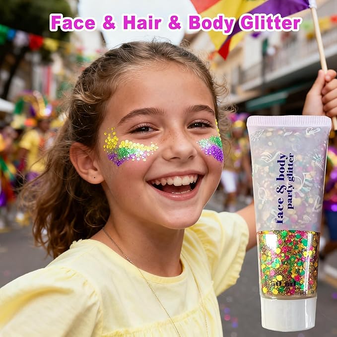 Carnival Body Glitter,Green Purple and Yellow Carnival Face Glitter Gel,Sparkling Holographic Long Lasting Chunky Glitter for Hair Face Nails,Accessories for Rave Festival Party (Carnival Themed)