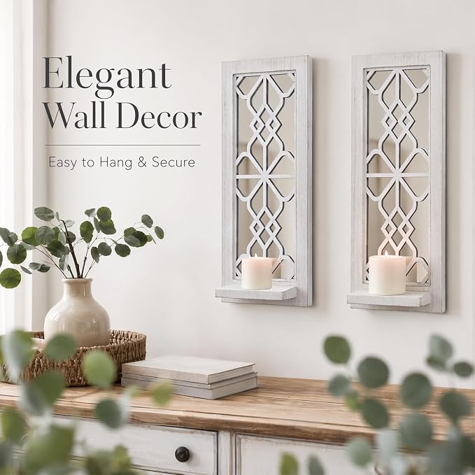 ZEXUIRU 2 Set Rustic Candle Sconces Living Room Bedroom Entryway Wood Mirrored, Farmhouse, Carved Frame Wall-Mount Wooden Candle Holders Wall Decor Hanging Handmade Holder - Distressed White