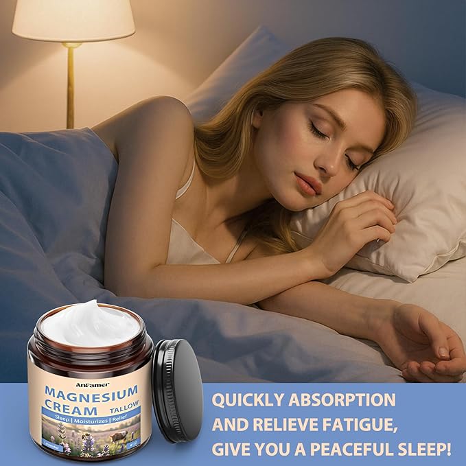 Magnesium Cream for Sleep, Tallow Based Magnesium Lotion for Pain and Leg Cramps, Muscle Relaxation, Nighttime Deep Hydration with Shea Butter Jojoba & Vitamin E for Skin Care, Safe for Kids(Lavender)