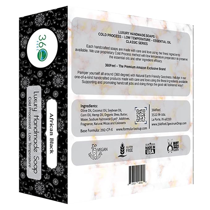 360Feel African Black Soap - Made in the USA - Castile Handmade, All-Natural, Cold-Processed - Infused with African Black Soap and a Soothing Scent - Rich, Creamy Lather (5 oz)