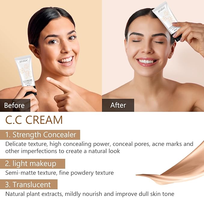 NIFEISHI CC Cream 2 Pack, Self Adjusting for Mature Skin, Super Active Foundation With SPF 50 for Face and Body Color Correcting