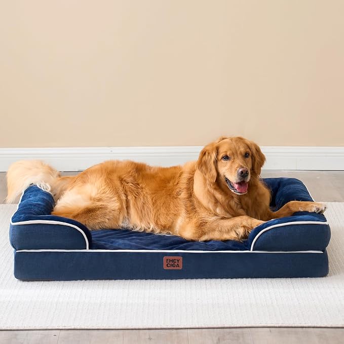 EHEYCIGA Orthopedic Dog Beds Large Sized Dog, Waterproof Washable Pet Bed | Non-Slip Bottom and Egg-Crate Memory Foam Dog Couch Bed with Washable Removable Cover, Navy