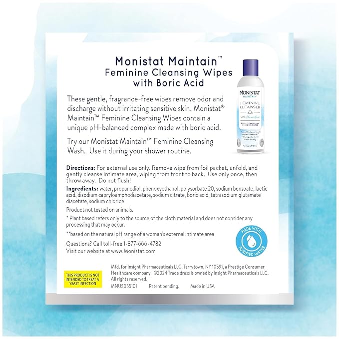 Monistat Maintain Feminine Cleansing Wipes, Feminine Hygiene Wipes, Fragrance Free Feminine Care Wipes, pH Balanced Cleansing Wipes, Boric Acid Formula, 12 Count (Pack of 6)