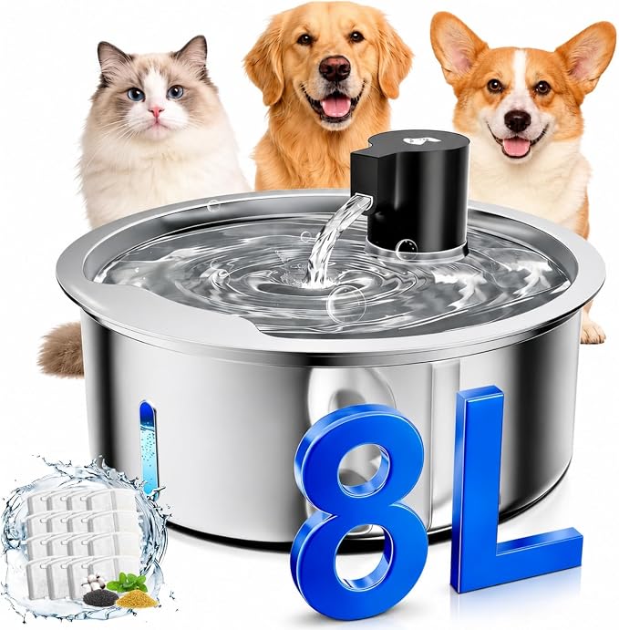 Dog Water Fountain, 8L/2.1 Gal Stainless Steel for Large Dogs & Multi-Pet | Large Dog Water Bowl Dispenser, Quiet Pump, Replacement Filters, Easy Cleaning, Water Level Window, Long Lifespan, Indoor Use