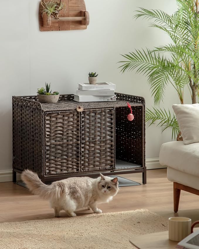 SETVSON Cat Litter Box Enclosure Furniture with Divider, Cat Cabinet, Brown | Handwoven PE Rattan with Soft Litter Mat, 3.54-In Heightened Metal Feet, Spacious & Comfortable, 31.2 x 19.6 x 24.2 In