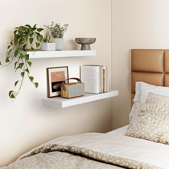 Fixwal Floating Wall Shelves for Decor (White, Set of 2, 22Inch) | MDF Shelf with Metal Brackets, Space Saving for Books , Decor, Fits Bathroom, Kitchen, Bedroom, or Office
