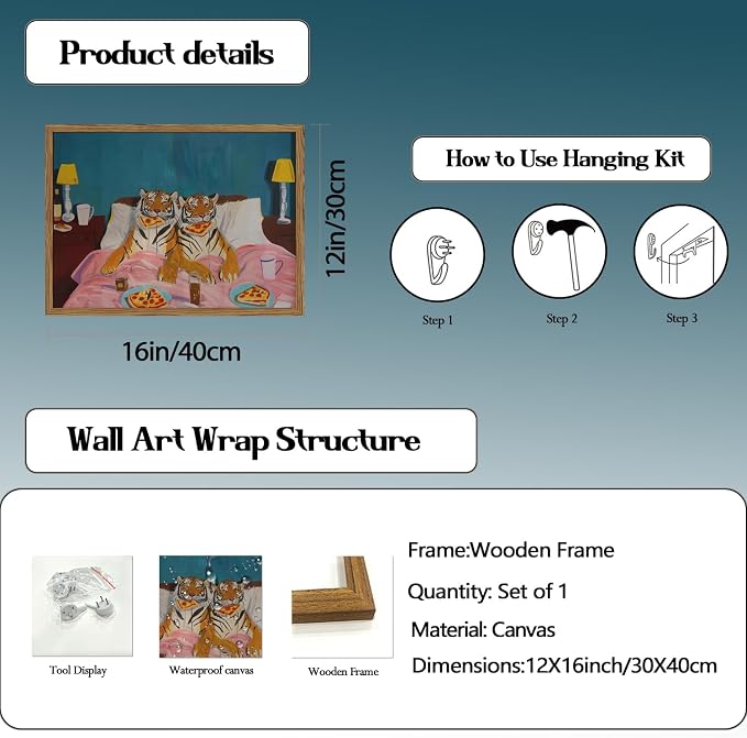 Framed Funny Tiger Wall Art, Eclectic Tigers Eating Pizza in Bed Pictures Wall Decor, Whimsical Animal Paintings Canvas Prints Humor Home Decor for Living Room Bedroom Office 12x16 inch