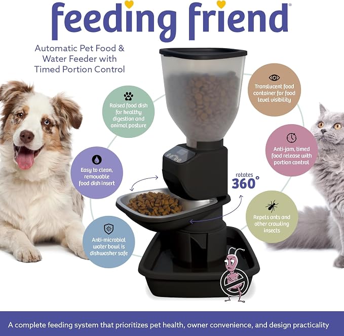 Feeding Friend® Automatic Dog & Cat Food Feeder with Water Dispenser, Smart Portion Control, OLED Display, Anti-Jam Design, Battery Operated, Medium Pets 15–30 lbs, Black