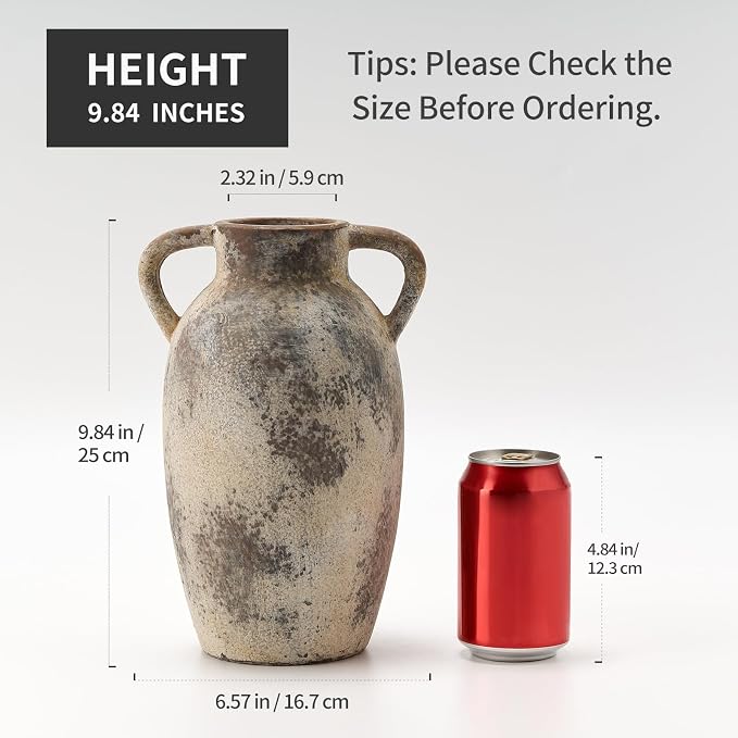 PORCER 9.84 Inch Ceramic Vase with Handles, Tuscan Decor Antique Terracotta Vase, Rustic Decorative Flower Vase for Home Decor, Farmhouse, Living Room, Table, Bedroom, Office, Entrance- Gray