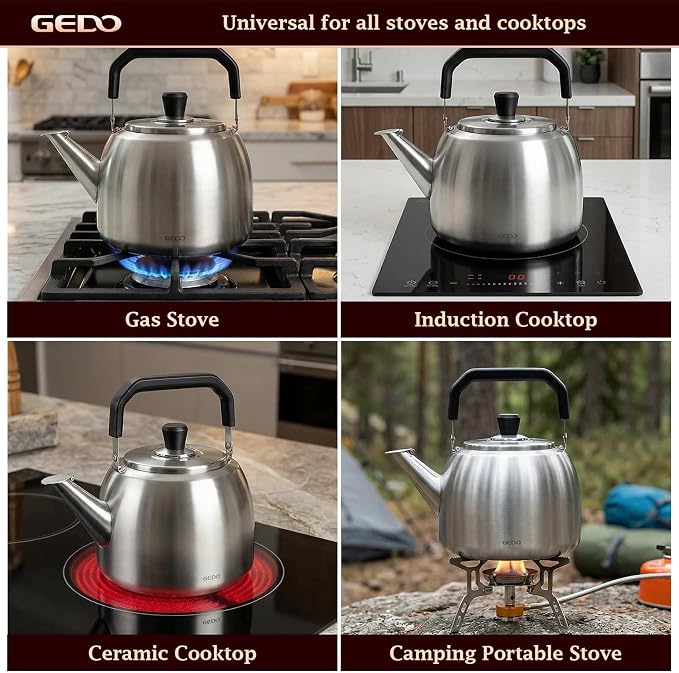 GEDO Stainless Steel Whistling Tea Kettle, 304 Food Grade, Large Capacity, Stovetop Kettle for Gas Stove and Induction Cooktop (5L/5.28QT)
